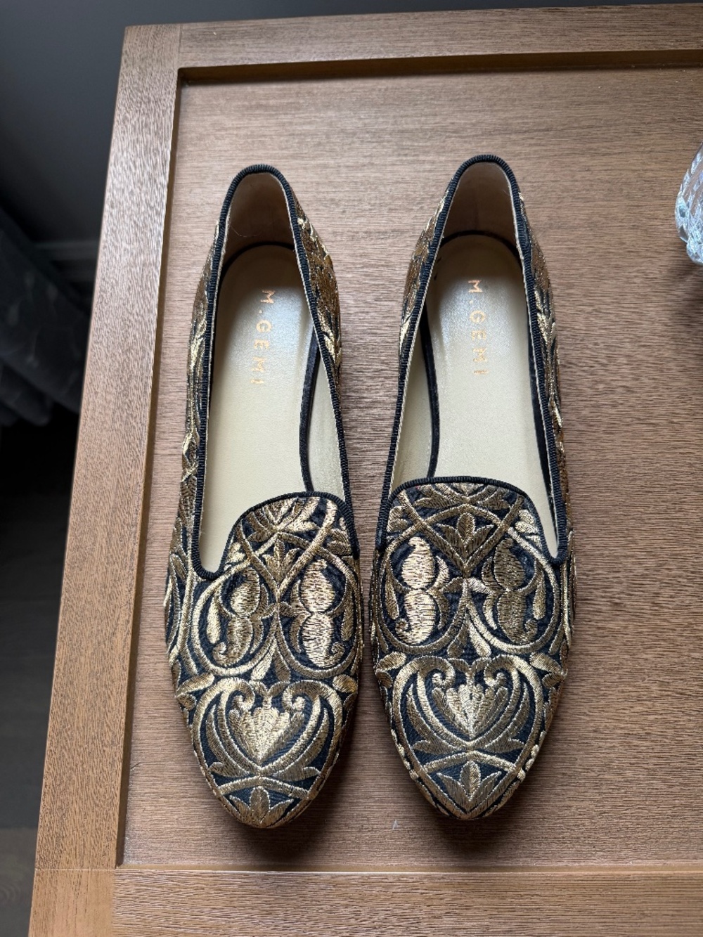 M.Gemi Luxury Gold Brocade Smoking Loafers Italian Flats EU 40